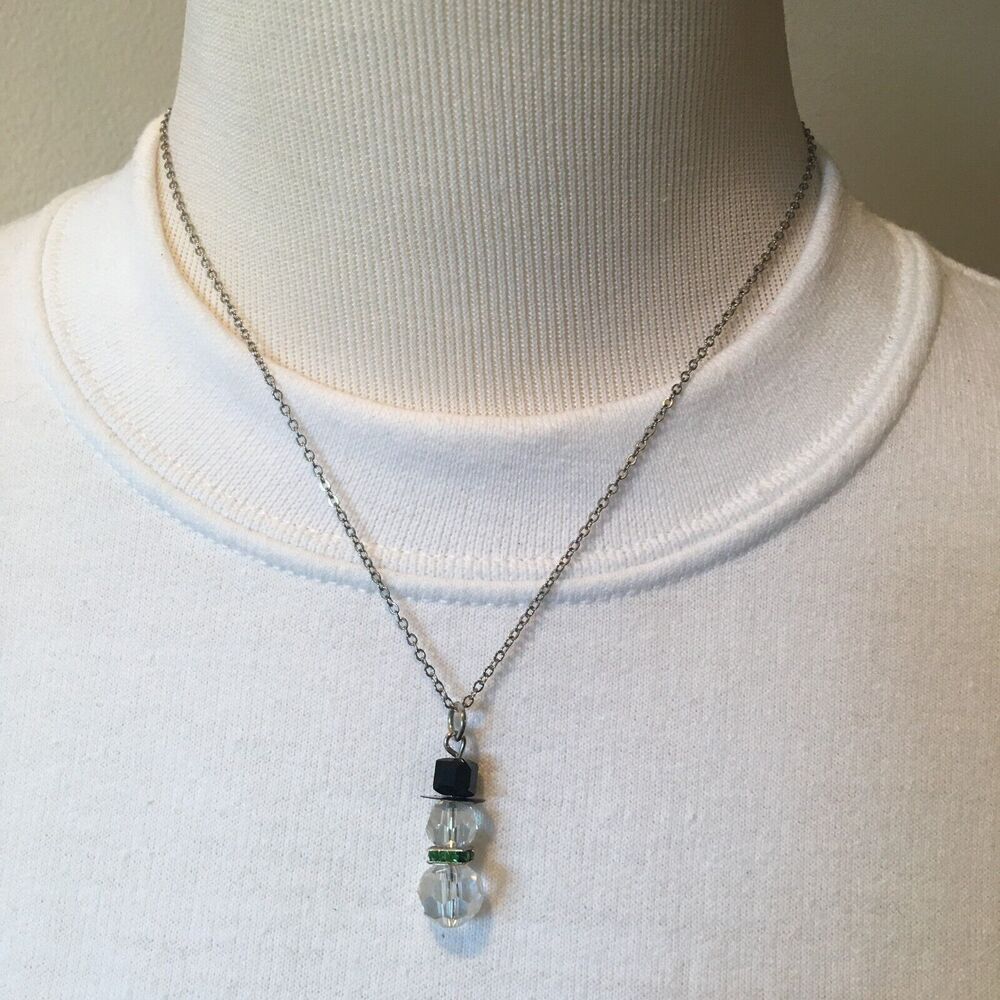 AB Glass Snowman Necklace 18 Inch Silver Plated Chain 1 Inch Pendant Charm